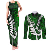 New Zealand Couples Matching Tank Maxi Dress and Long Sleeve Button Shirt Silver Fern and Maori Symbols Papua Shell Green Style LT03 Green - Polynesian Pride