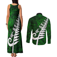 New Zealand Couples Matching Tank Maxi Dress and Long Sleeve Button Shirt Silver Fern and Maori Symbols Papua Shell Green Style LT03 - Polynesian Pride