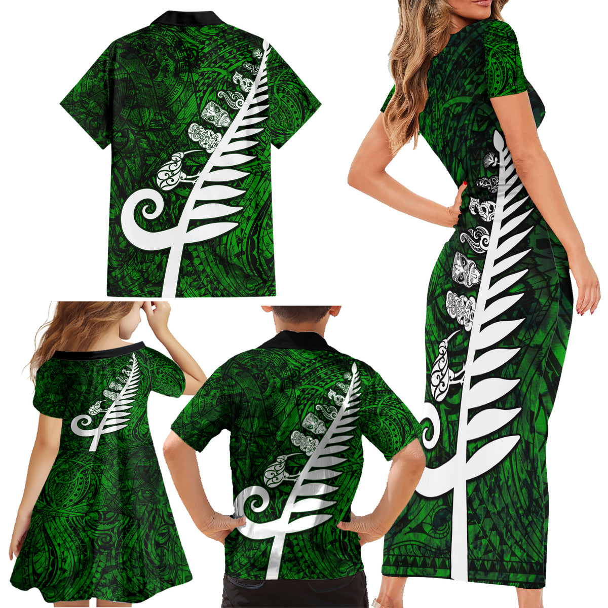 New Zealand Family Matching Short Sleeve Bodycon Dress and Hawaiian Shirt Silver Fern and Maori Symbols Papua Shell Green Style LT03 - Polynesian Pride