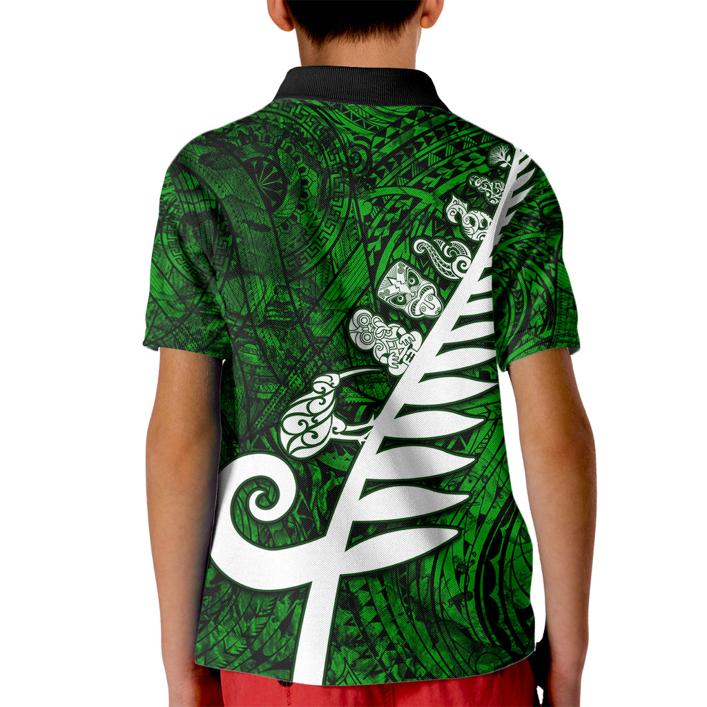 New Zealand Kid Polo Shirt Silver Fern and Maori Symbols Papua Shell Green Style LT03 - Polynesian Pride