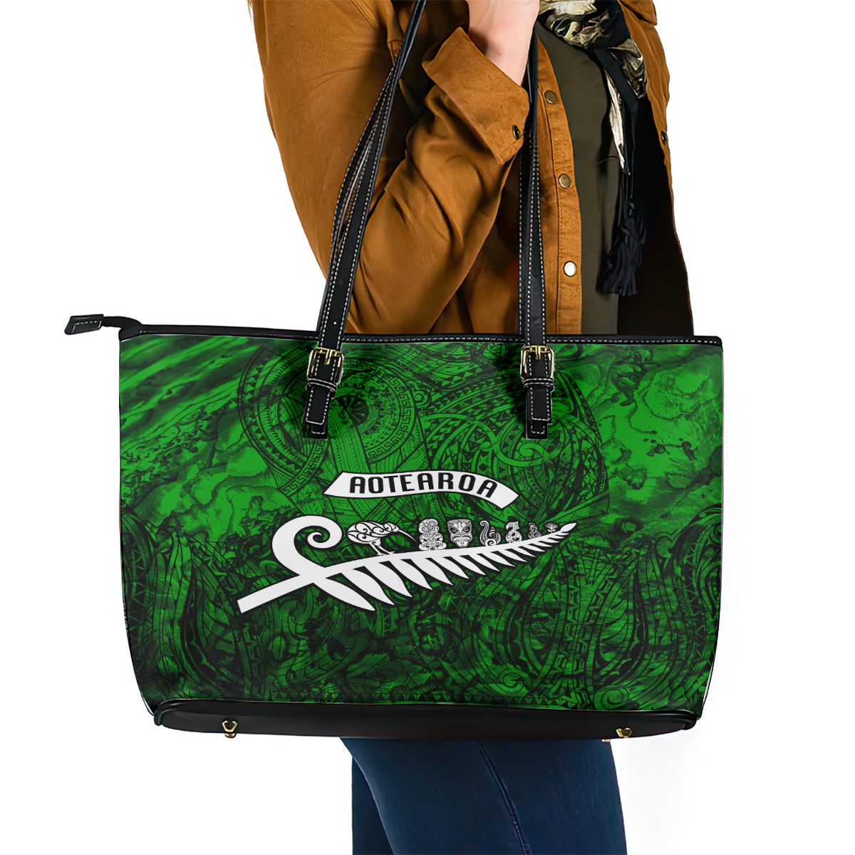 New Zealand Leather Tote Bag Silver Fern and Maori Symbols Papua Shell Green Style LT03 - Polynesian Pride