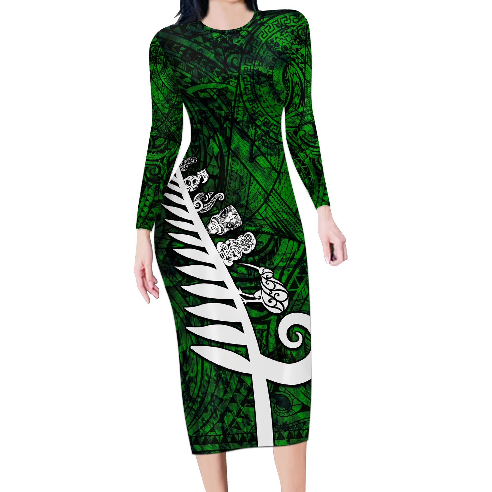 New Zealand Long Sleeve Bodycon Dress Silver Fern and Maori Symbols Papua Shell Green Style LT03 Long Dress Green - Polynesian Pride