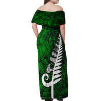New Zealand Off Shoulder Maxi Dress Silver Fern and Maori Symbols Papua Shell Green Style LT03 - Polynesian Pride