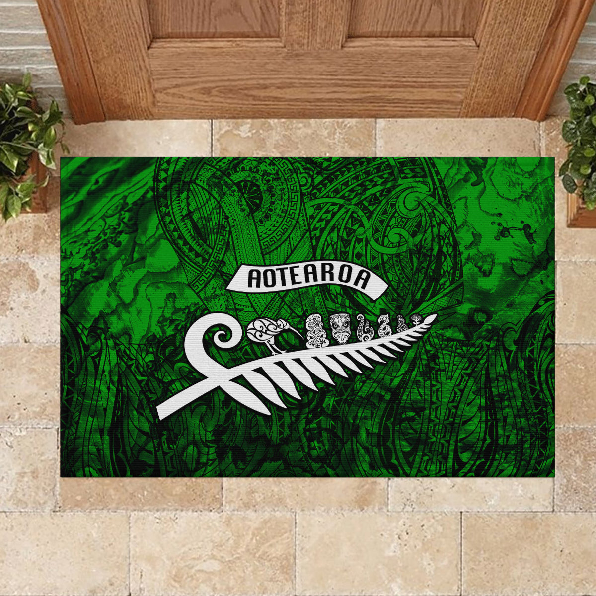 New Zealand Rubber Doormat Silver Fern and Maori Symbols Papua Shell Green Style LT03 - Polynesian Pride