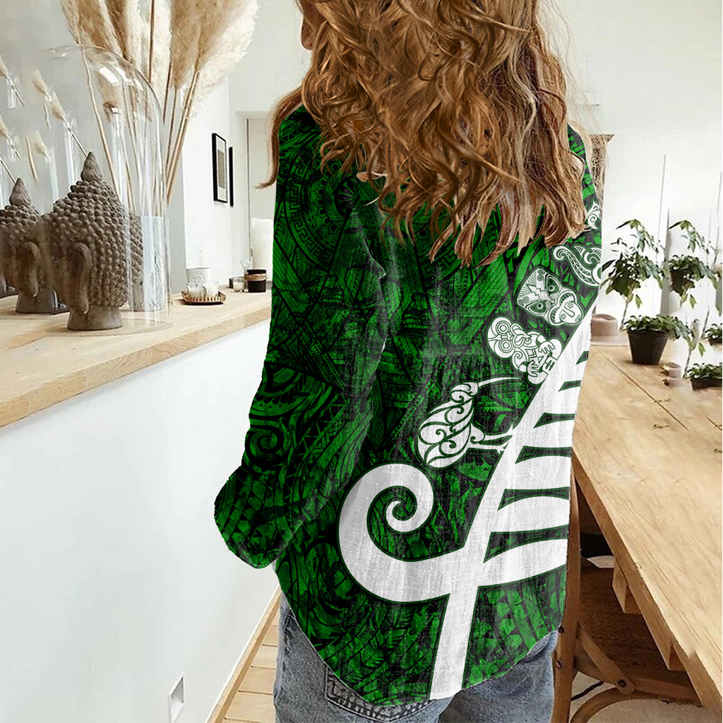 New Zealand Women Casual Shirt Silver Fern and Maori Symbols Papua Shell Green Style LT03 - Polynesian Pride