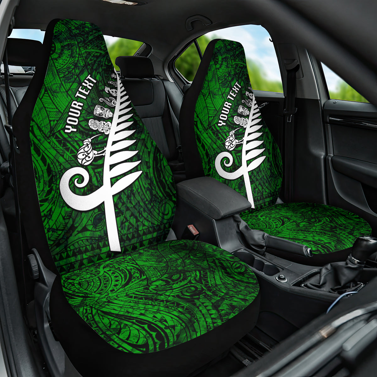 Personalized New Zealand Car Seat Cover Silver Fern and Maori Symbols Papua Shell Green Style LT03 One Size Green - Polynesian Pride