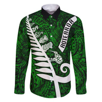 Personalized New Zealand Family Matching Puletasi Dress and Hawaiian Shirt Silver Fern and Maori Symbols Papua Shell Green Style LT03 Dad's Shirt - Long Sleeve Green - Polynesian Pride