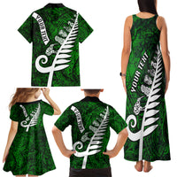 Personalized New Zealand Family Matching Tank Maxi Dress and Hawaiian Shirt Silver Fern and Maori Symbols Papua Shell Green Style LT03 - Polynesian Pride
