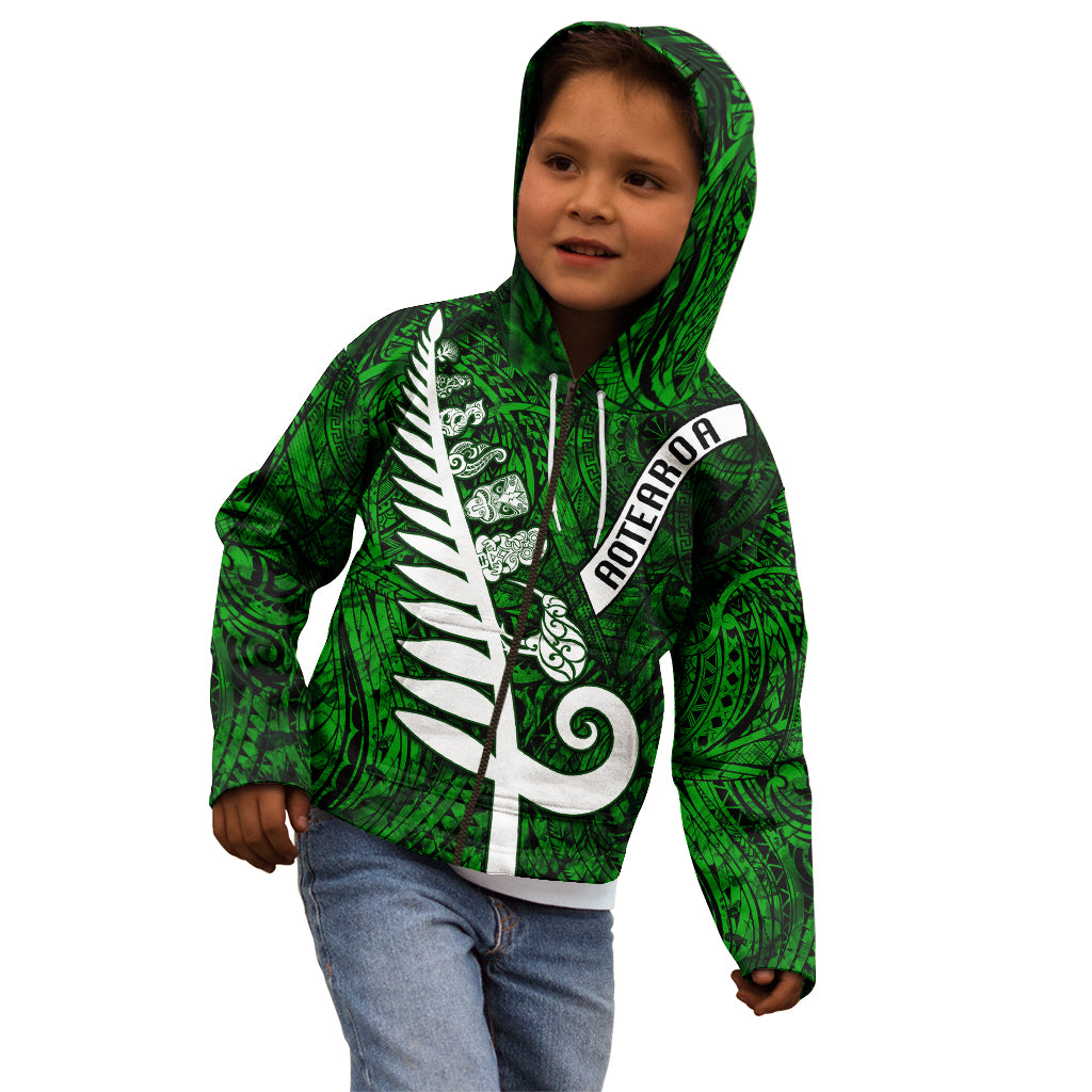 Personalized New Zealand Kid Hoodie Silver Fern and Maori Symbols Papua Shell Green Style LT03 - Polynesian Pride