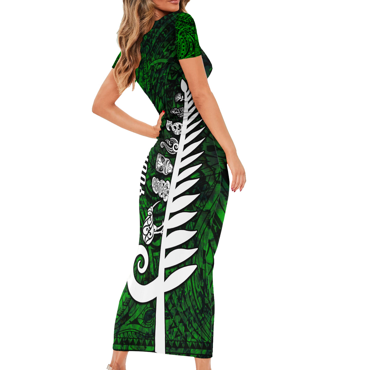 Personalized New Zealand Short Sleeve Bodycon Dress Silver Fern and Maori Symbols Papua Shell Green Style LT03 - Polynesian Pride