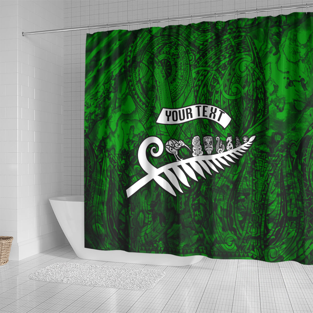 Personalized New Zealand Shower Curtain Silver Fern and Maori Symbols Papua Shell Green Style LT03 - Polynesian Pride