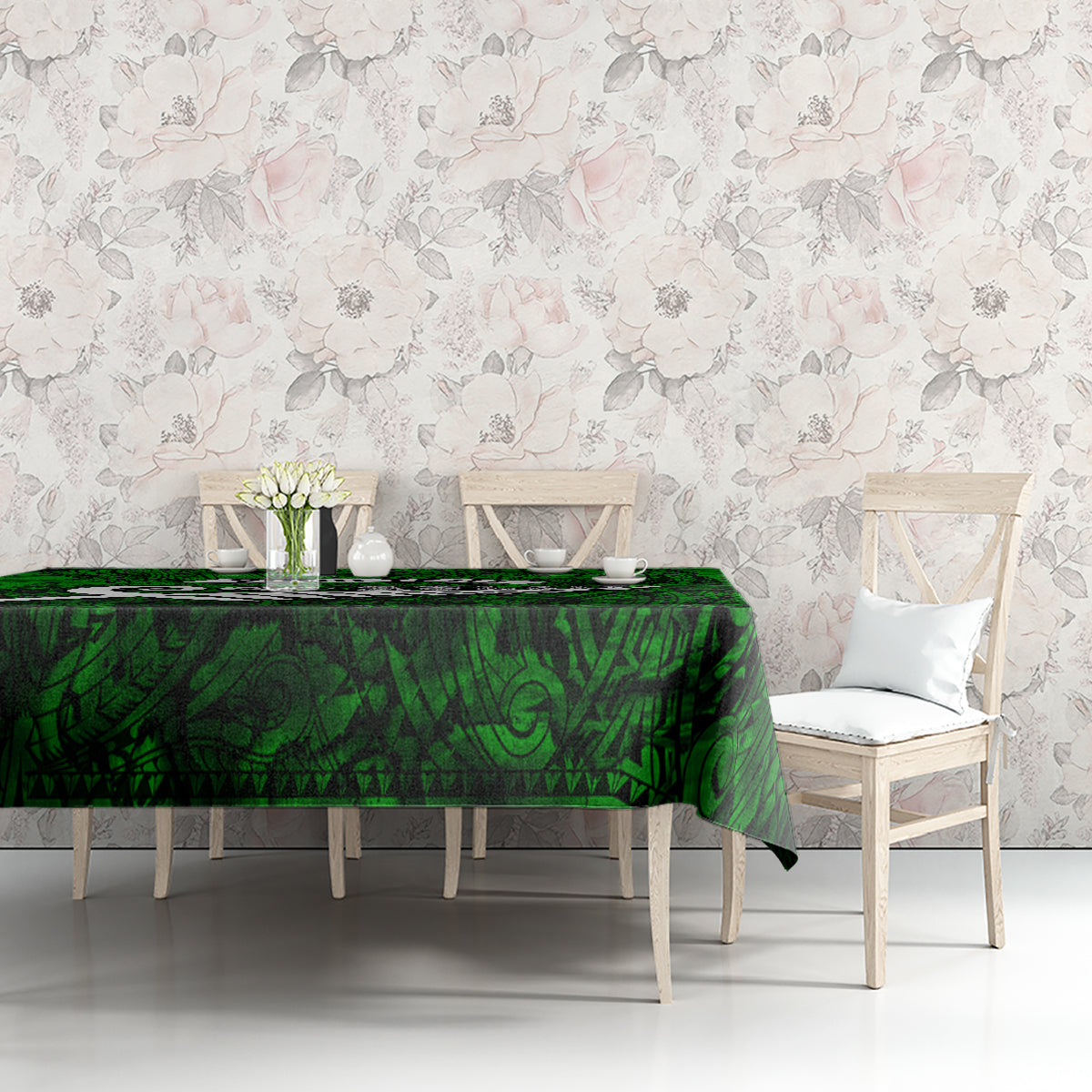 Personalized New Zealand Tablecloth Silver Fern and Maori Symbols Papua Shell Green Style LT03 - Polynesian Pride