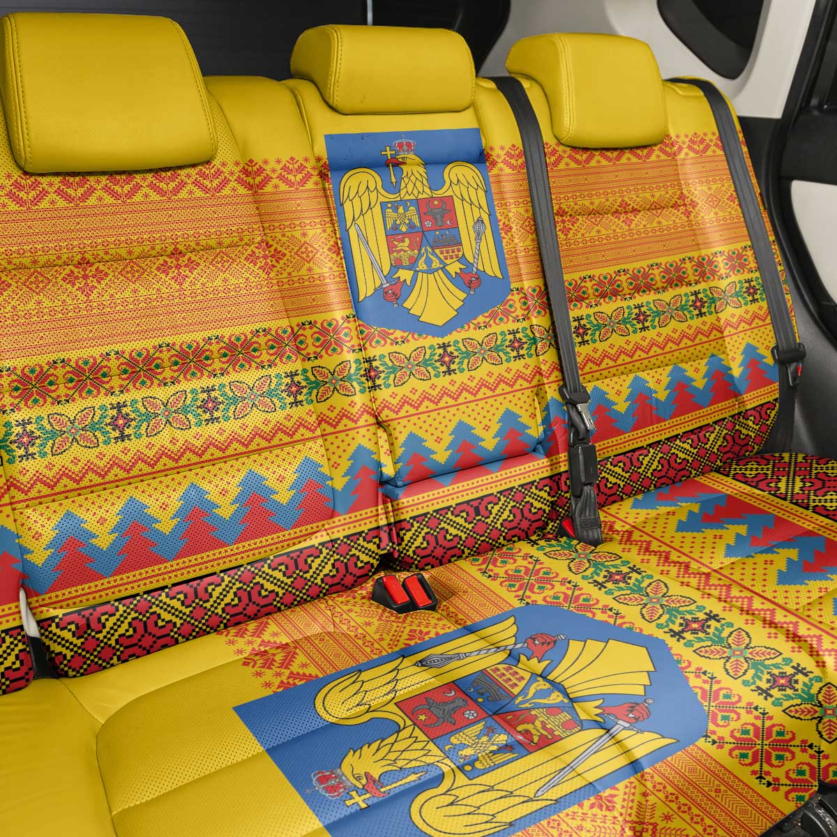 Romania Merry Christmas Back Car Seat Cover Romania Emblem Traditional Folk Art - Polynesian Pride