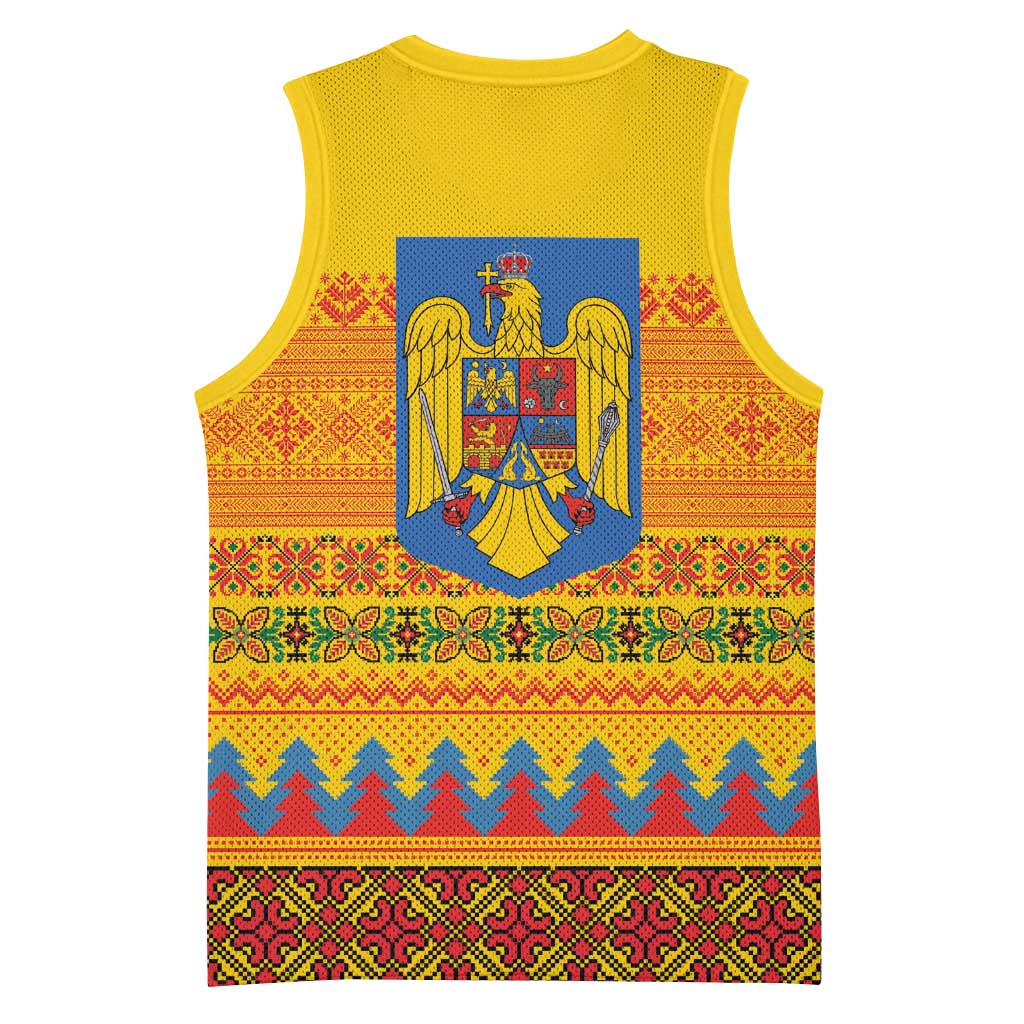 Romania Merry Christmas Basketball Jersey Romania Emblem Traditional Folk Art - Polynesian Pride