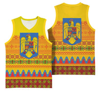 Romania Merry Christmas Basketball Jersey Romania Emblem Traditional Folk Art - Polynesian Pride