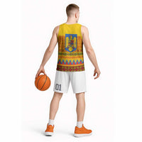 Romania Merry Christmas Basketball Jersey Romania Emblem Traditional Folk Art - Polynesian Pride