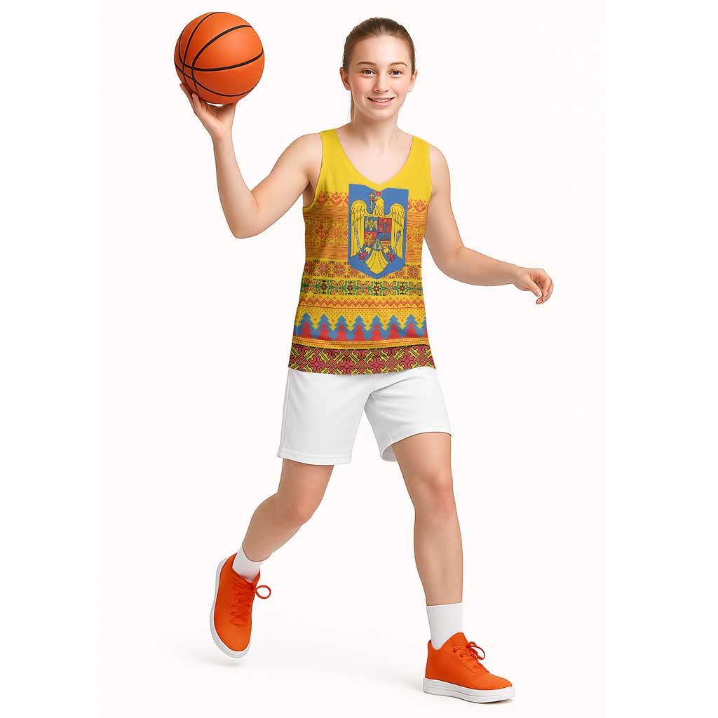 Romania Merry Christmas Basketball Jersey Romania Emblem Traditional Folk Art - Polynesian Pride
