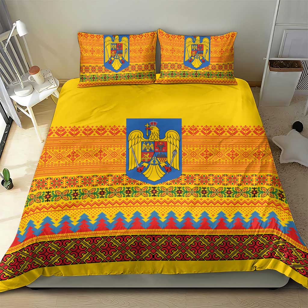 Romania Merry Christmas Bedding Set Romania Emblem Traditional Folk Art - Polynesian Pride