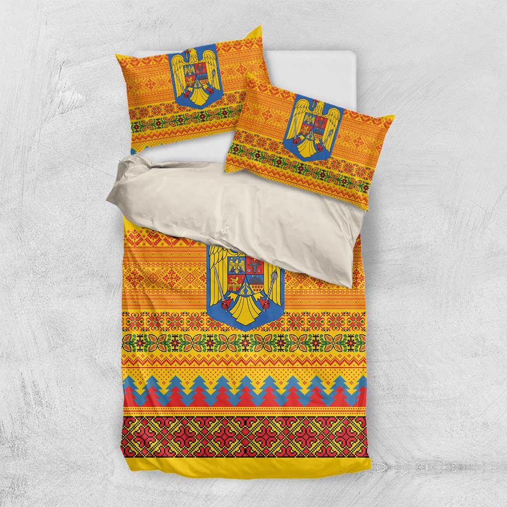 Romania Merry Christmas Bedding Set Romania Emblem Traditional Folk Art - Polynesian Pride