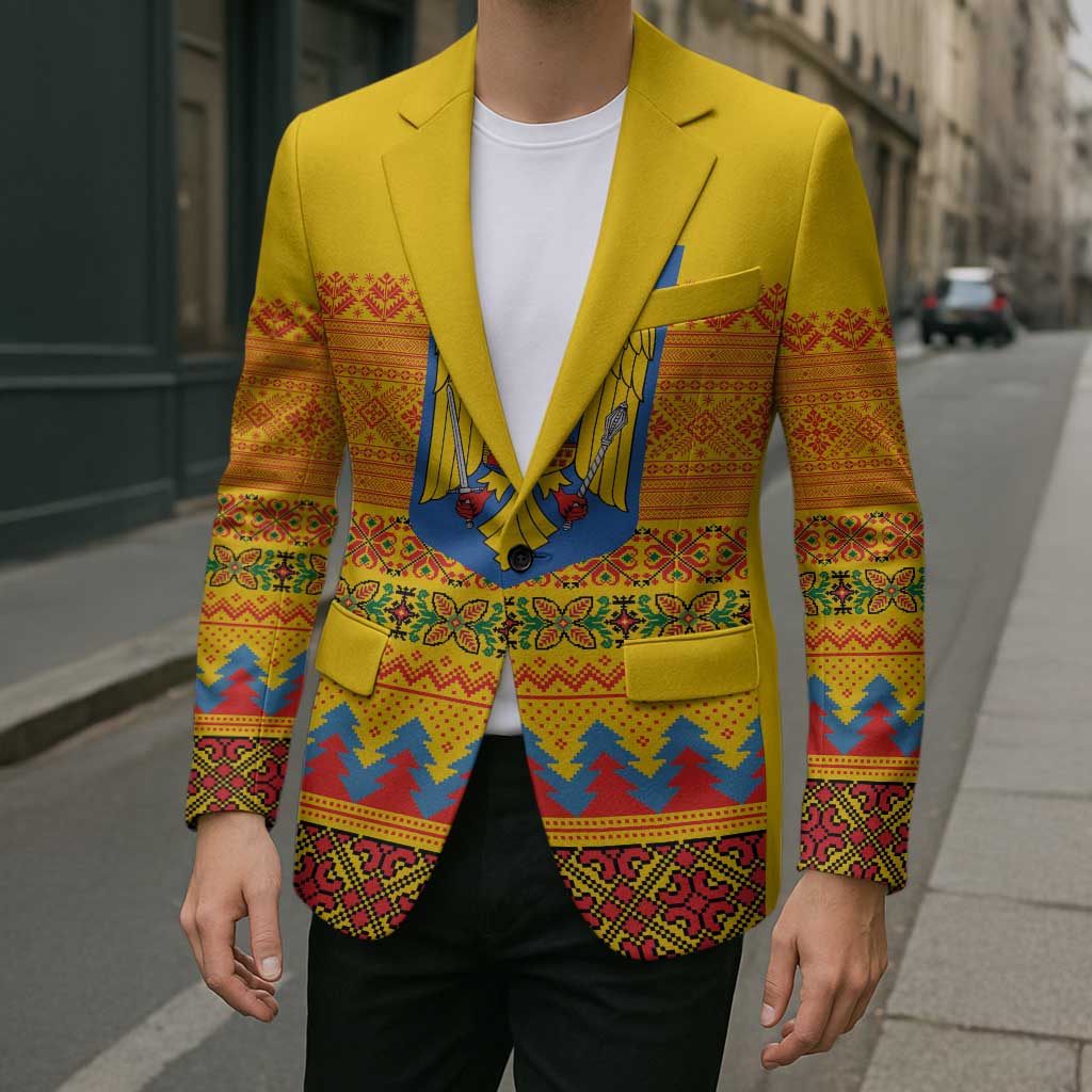 Romania Merry Christmas Blazer Romania Emblem Traditional Folk Art - Polynesian Pride