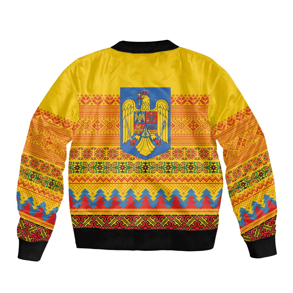 Romania Merry Christmas Bomber Jacket Romania Emblem Traditional Folk Art - Polynesian Pride