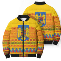 Romania Merry Christmas Bomber Puffer Jacket Romania Emblem Traditional Folk Art - Polynesian Pride
