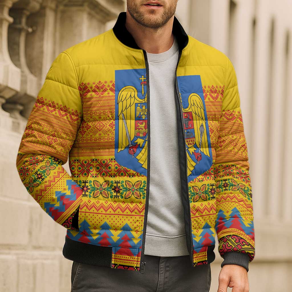 Romania Merry Christmas Bomber Puffer Jacket Romania Emblem Traditional Folk Art - Polynesian Pride