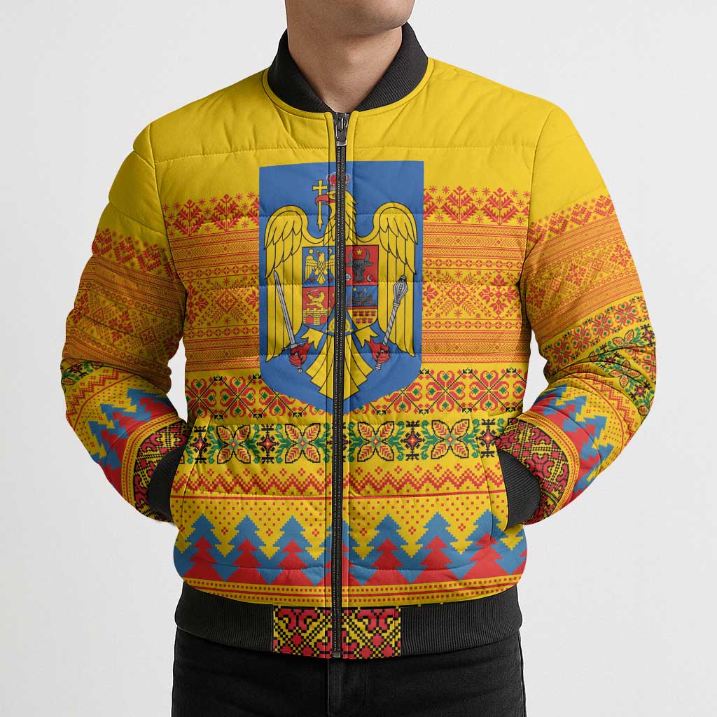 Romania Merry Christmas Bomber Puffer Jacket Romania Emblem Traditional Folk Art - Polynesian Pride