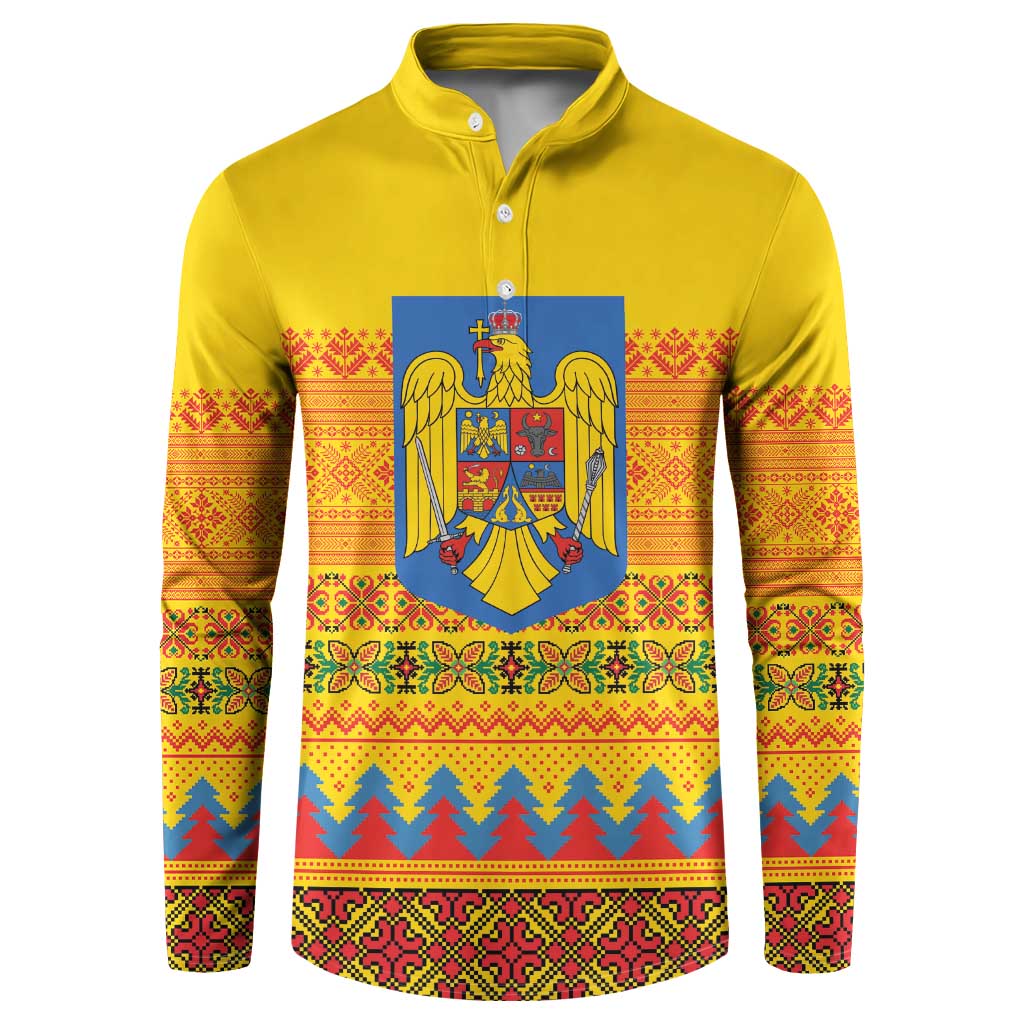 Romania Merry Christmas Button Sweatshirt Romania Emblem Traditional Folk Art - Polynesian Pride