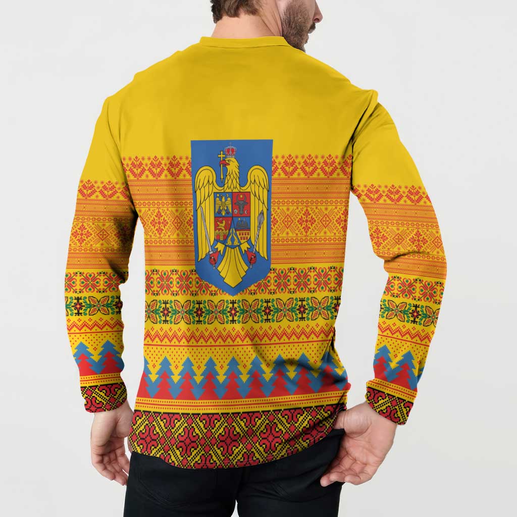 Romania Merry Christmas Button Sweatshirt Romania Emblem Traditional Folk Art - Polynesian Pride