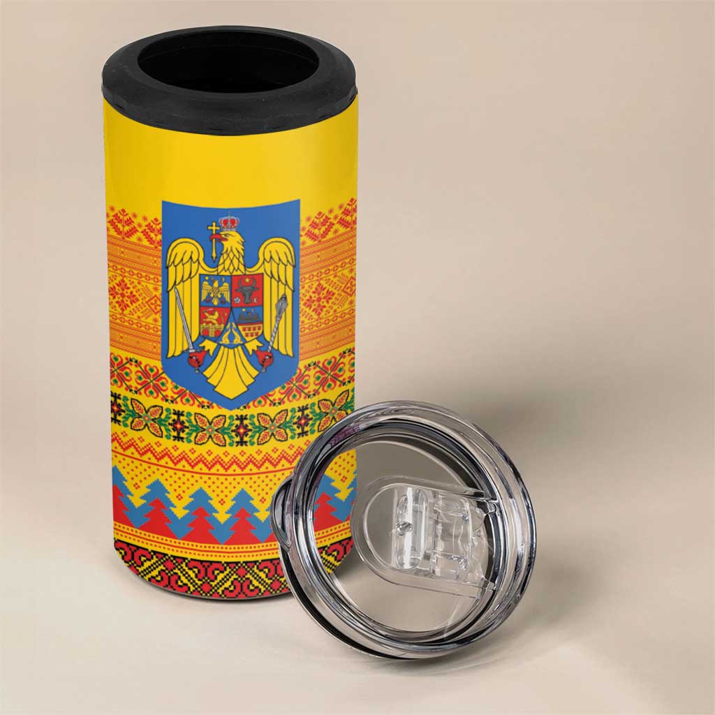 Romania Merry Christmas 4 in 1 Can Cooler Tumbler Romania Emblem Traditional Folk Art - Polynesian Pride