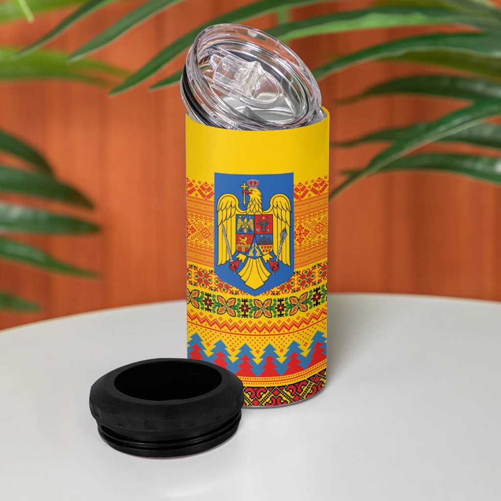 Romania Merry Christmas 4 in 1 Can Cooler Tumbler Romania Emblem Traditional Folk Art - Polynesian Pride