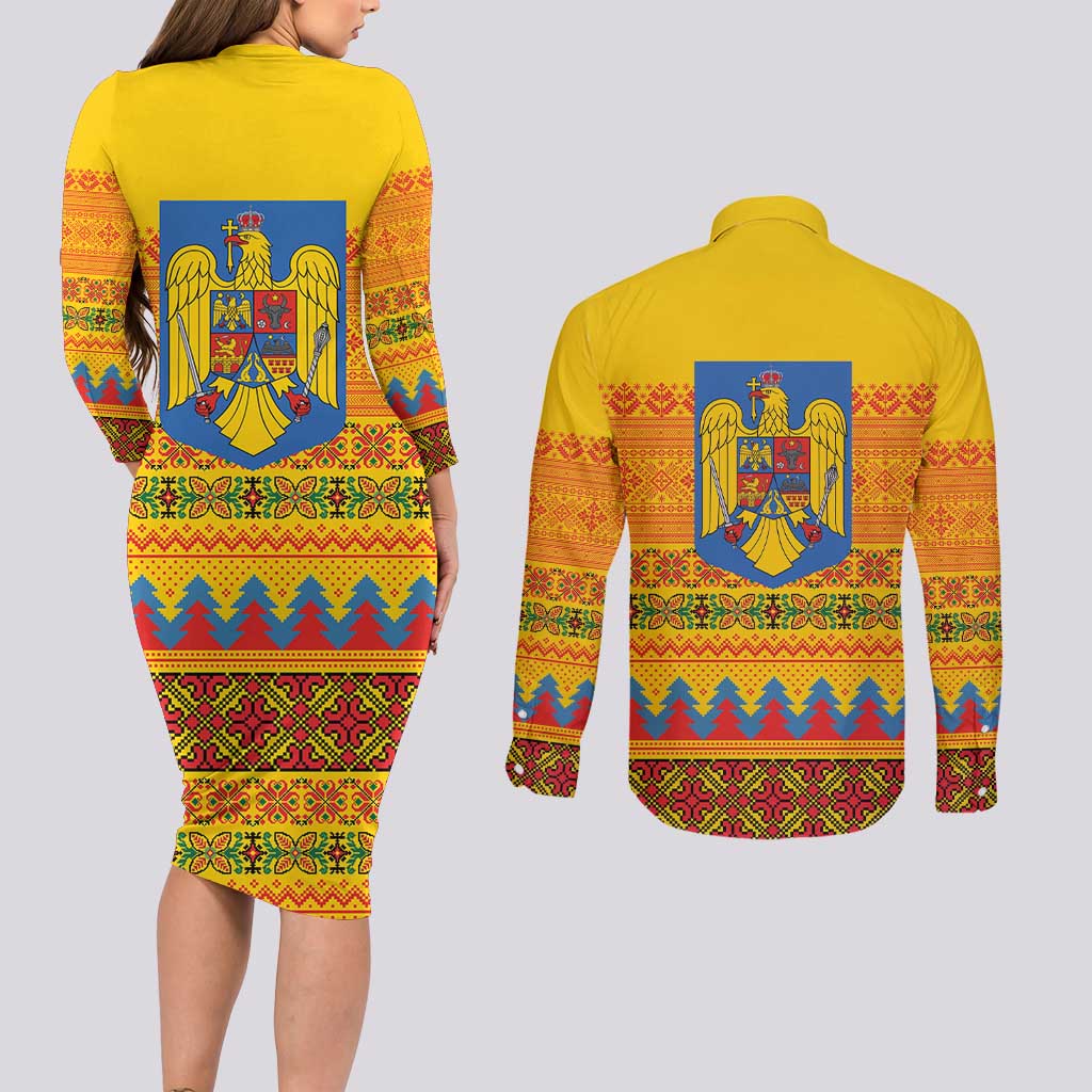 Romania Merry Christmas Couples Matching Long Sleeve Bodycon Dress and Long Sleeve Button Shirt Romania Emblem Traditional Folk Art - Polynesian Pride