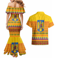 Romania Merry Christmas Couples Matching Mermaid Dress and Hawaiian Shirt Romania Emblem Traditional Folk Art - Polynesian Pride