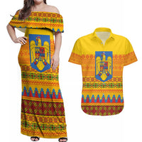 Romania Merry Christmas Couples Matching Off Shoulder Maxi Dress and Hawaiian Shirt Romania Emblem Traditional Folk Art - Polynesian Pride