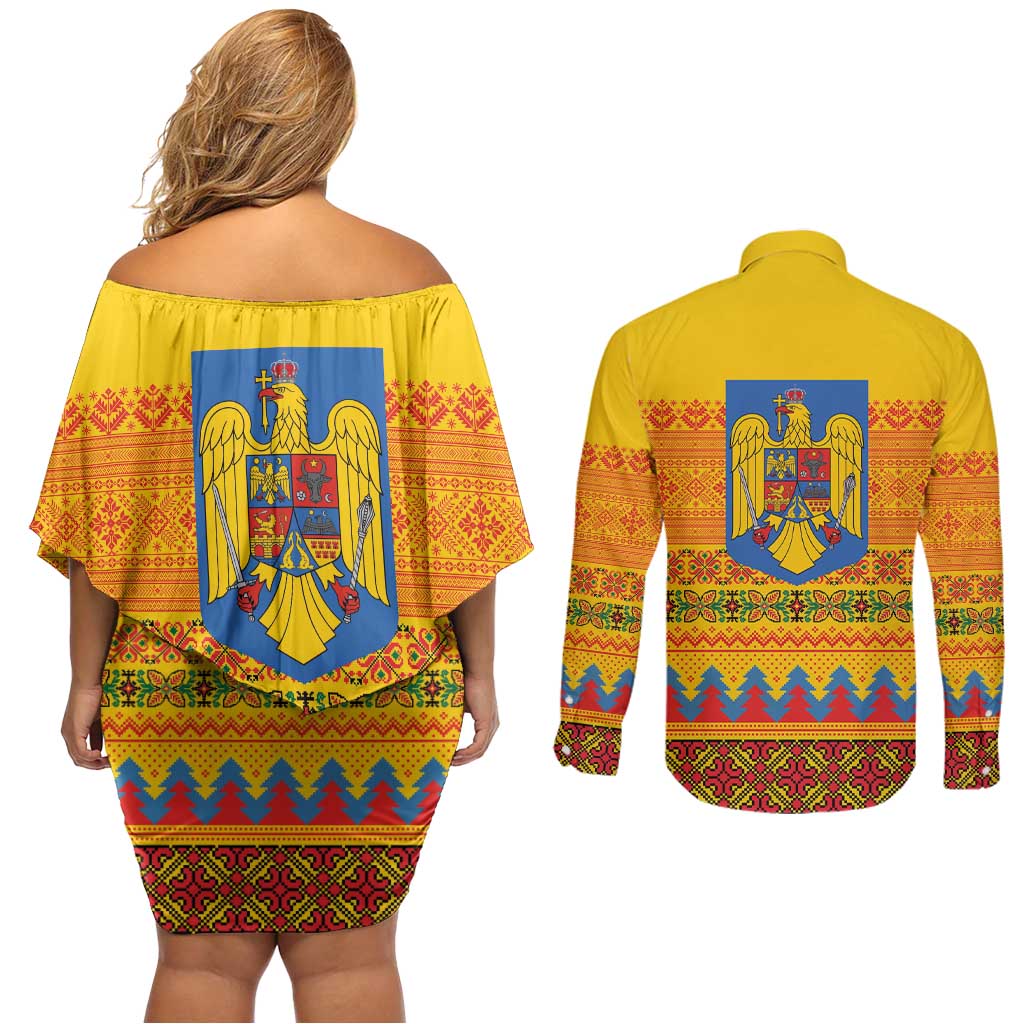 Romania Merry Christmas Couples Matching Off Shoulder Short Dress and Long Sleeve Button Shirt Romania Emblem Traditional Folk Art - Polynesian Pride
