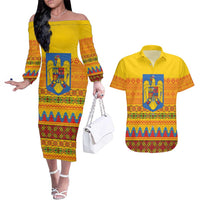 Romania Merry Christmas Couples Matching Off The Shoulder Long Sleeve Dress and Hawaiian Shirt Romania Emblem Traditional Folk Art - Polynesian Pride