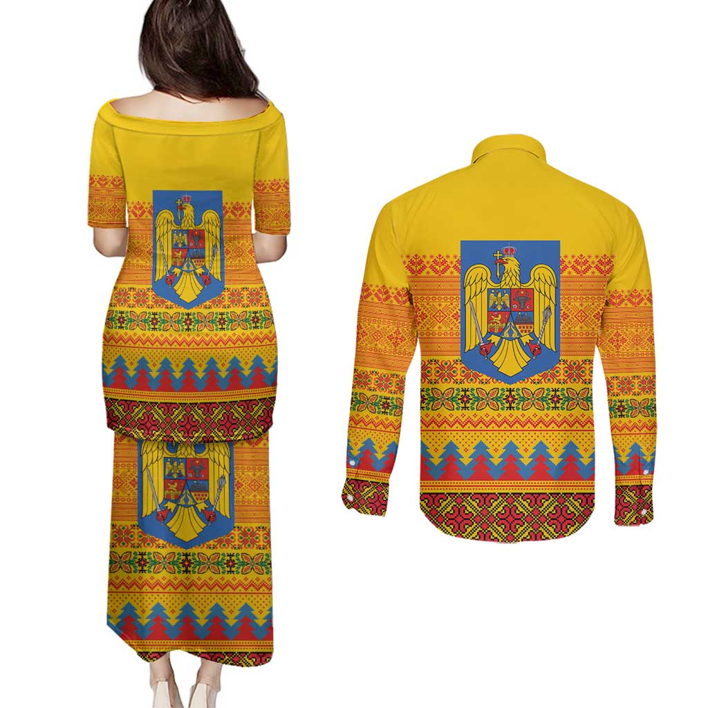 Romania Merry Christmas Couples Matching Puletasi and Long Sleeve Button Shirt Romania Emblem Traditional Folk Art - Polynesian Pride