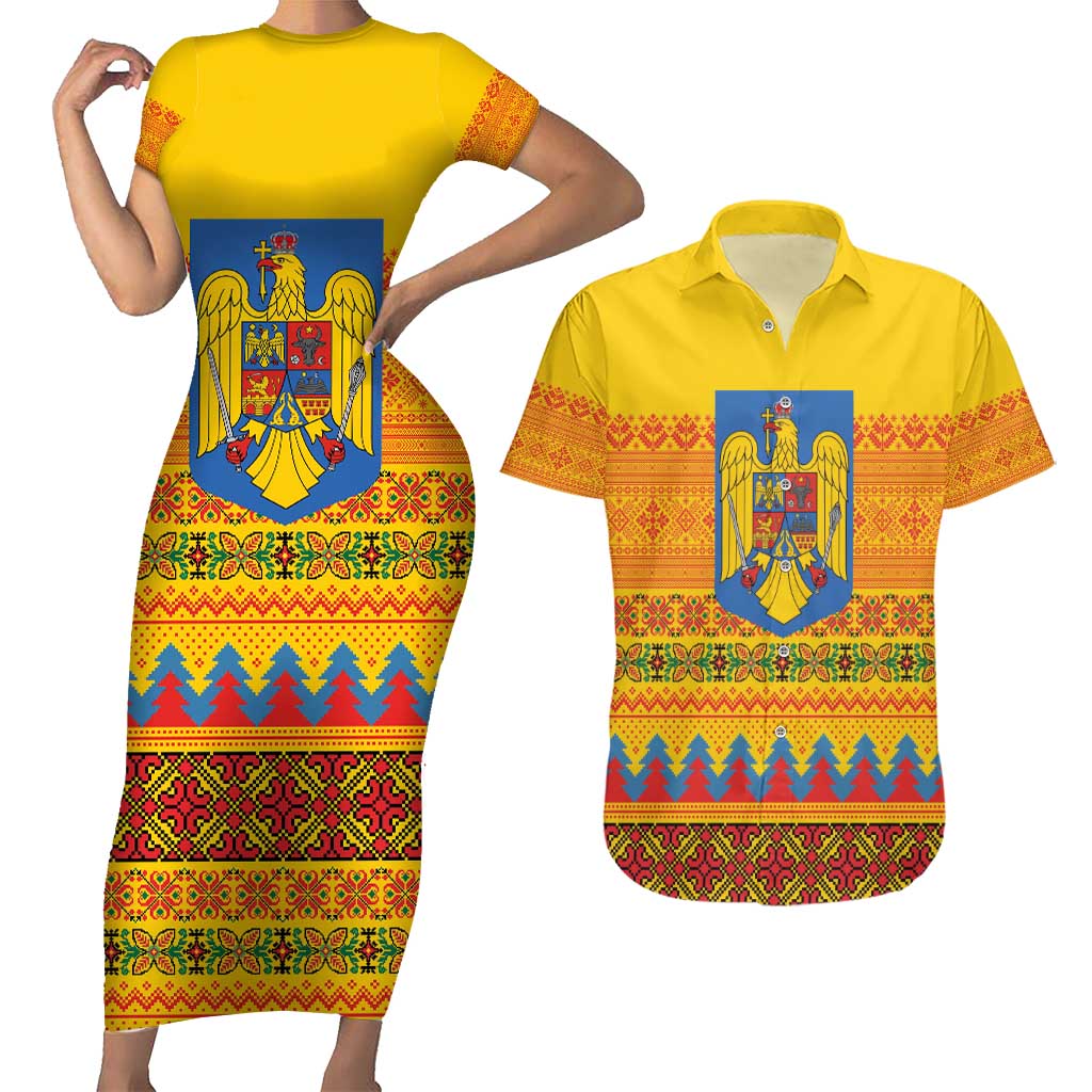 Romania Merry Christmas Couples Matching Short Sleeve Bodycon Dress and Hawaiian Shirt Romania Emblem Traditional Folk Art - Polynesian Pride