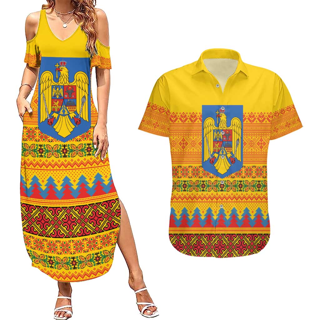 Romania Merry Christmas Couples Matching Summer Maxi Dress and Hawaiian Shirt Romania Emblem Traditional Folk Art - Polynesian Pride
