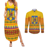 Romania Merry Christmas Couples Matching Summer Maxi Dress and Long Sleeve Button Shirt Romania Emblem Traditional Folk Art - Polynesian Pride