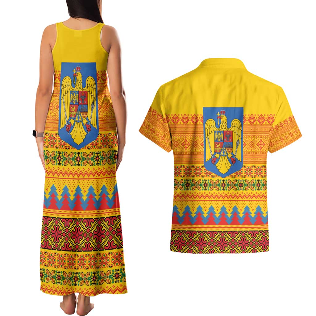 Romania Merry Christmas Couples Matching Tank Maxi Dress and Hawaiian Shirt Romania Emblem Traditional Folk Art - Polynesian Pride