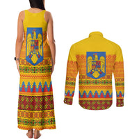 Romania Merry Christmas Couples Matching Tank Maxi Dress and Long Sleeve Button Shirt Romania Emblem Traditional Folk Art - Polynesian Pride