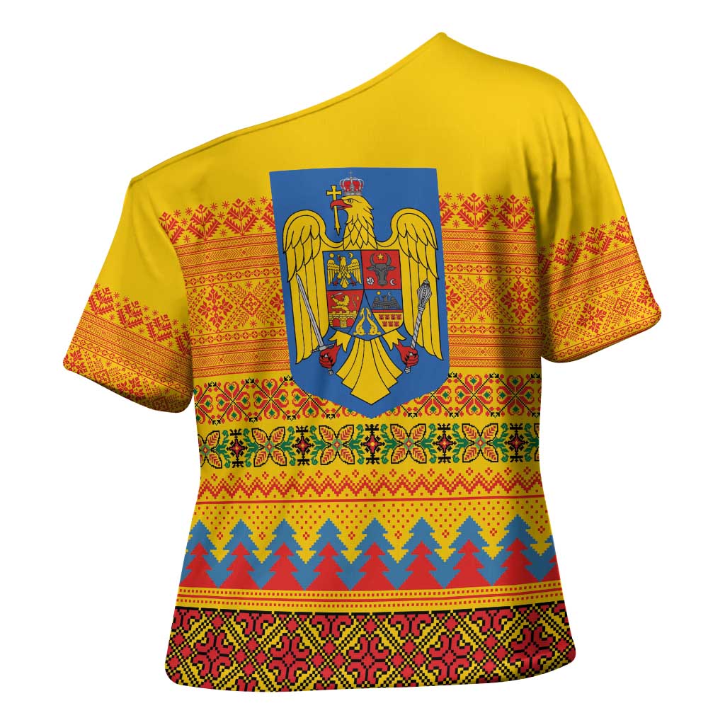 Romania Merry Christmas Cross Shoulder Shirt Romania Emblem Traditional Folk Art - Polynesian Pride