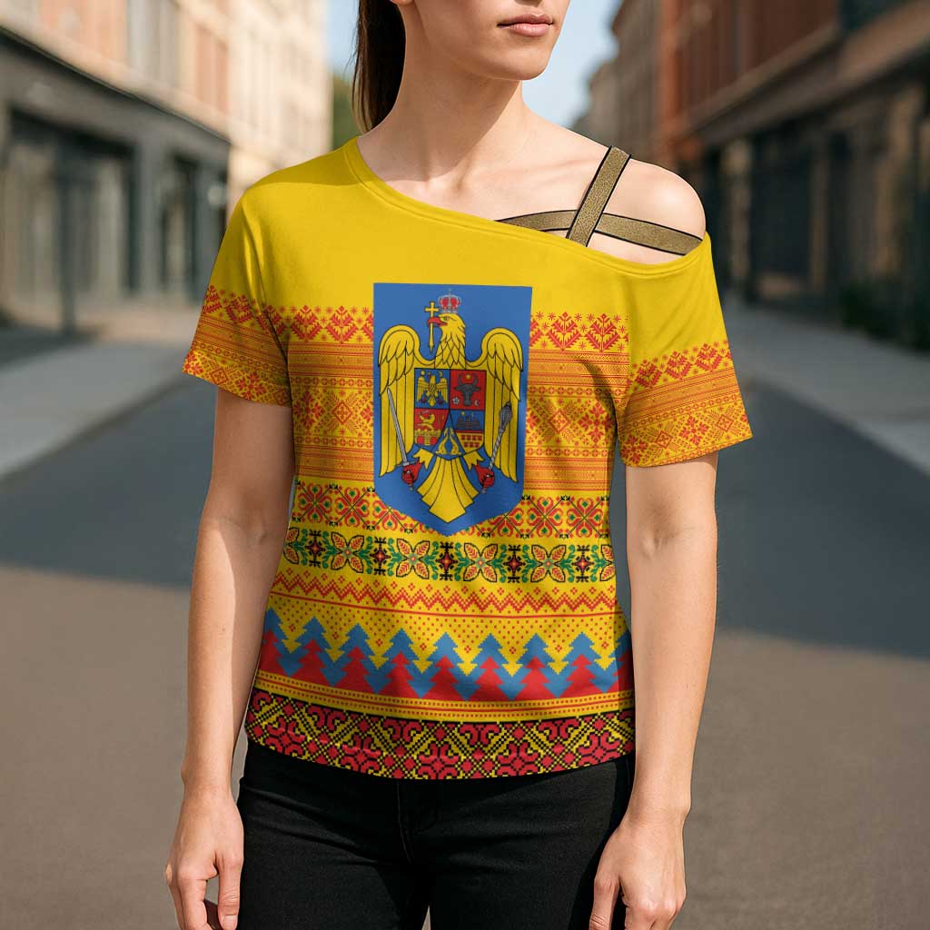 Romania Merry Christmas Cross Shoulder Shirt Romania Emblem Traditional Folk Art - Polynesian Pride