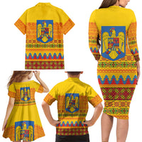 Romania Merry Christmas Family Matching Long Sleeve Bodycon Dress and Hawaiian Shirt Romania Emblem Traditional Folk Art - Polynesian Pride