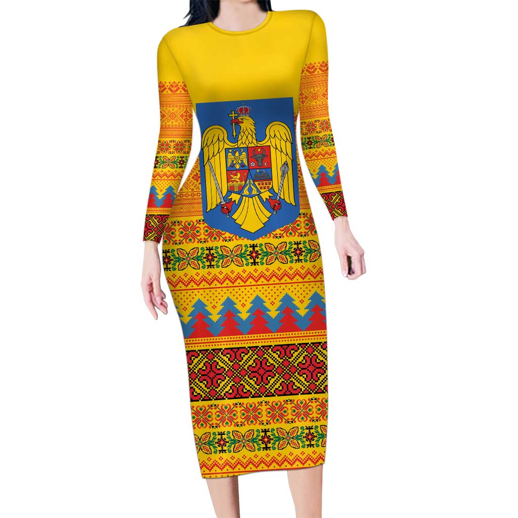 Romania Merry Christmas Family Matching Long Sleeve Bodycon Dress and Hawaiian Shirt Romania Emblem Traditional Folk Art - Polynesian Pride