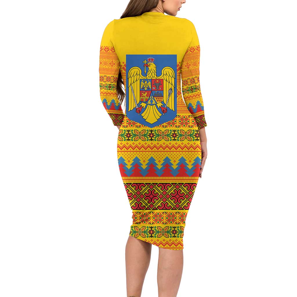 Romania Merry Christmas Family Matching Long Sleeve Bodycon Dress and Hawaiian Shirt Romania Emblem Traditional Folk Art - Polynesian Pride