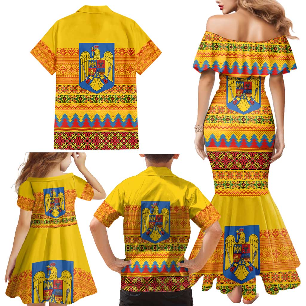 Romania Merry Christmas Family Matching Mermaid Dress and Hawaiian Shirt Romania Emblem Traditional Folk Art - Polynesian Pride
