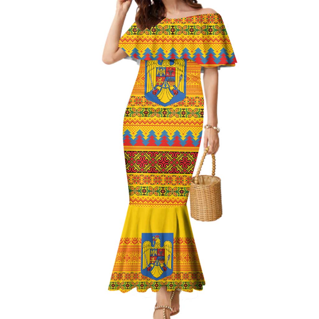 Romania Merry Christmas Family Matching Mermaid Dress and Hawaiian Shirt Romania Emblem Traditional Folk Art - Polynesian Pride